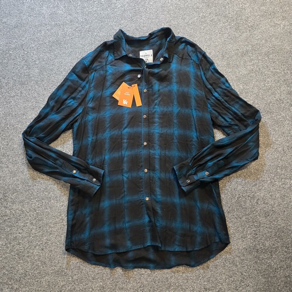 Youngla Shirt Mens XL Black Blue Plaid Pearl Snap Button Up Long Sleeve Casual